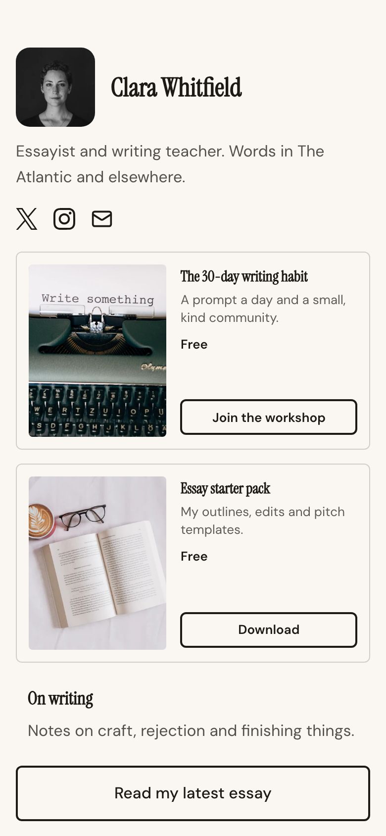 The Editorial template on a creator's Zavil page