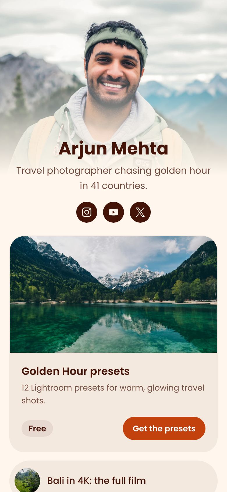 The Sunset template on a creator's Zavil page